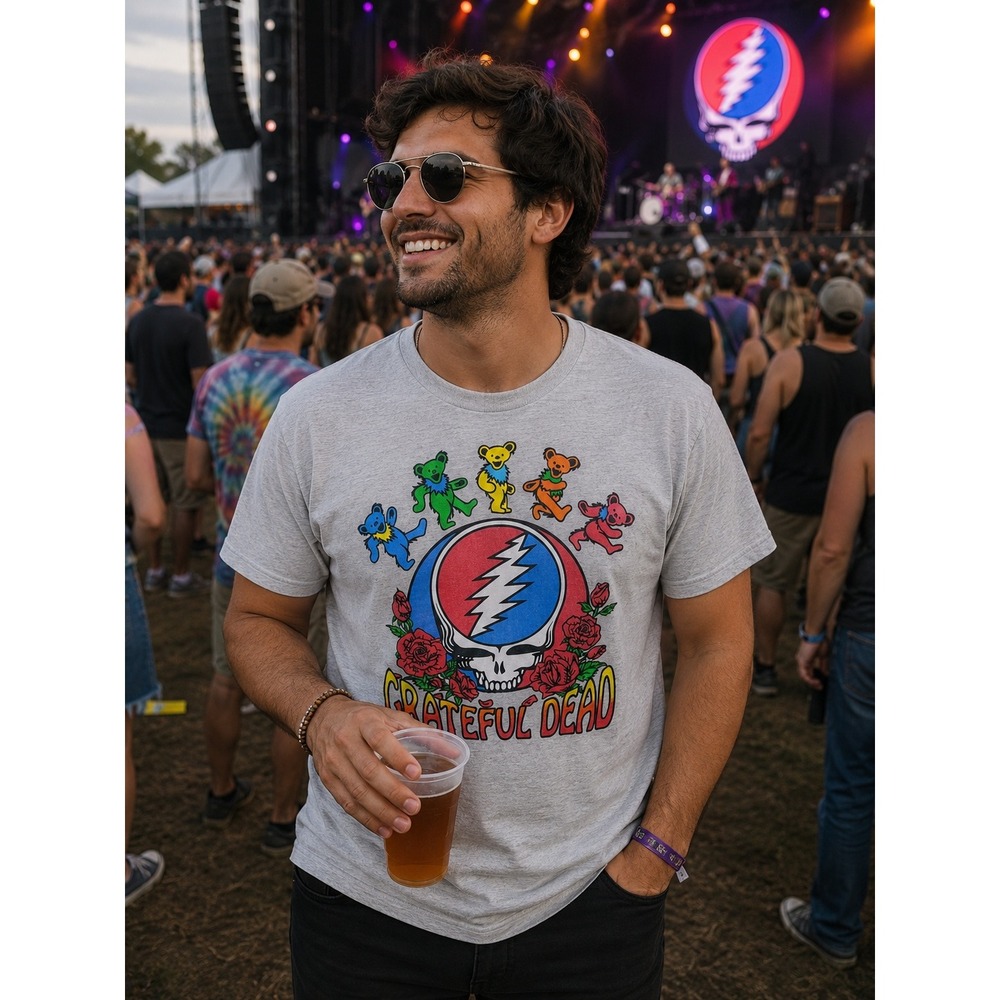 Grateful Dead Dancing Bears Steal Your Face Skull Roses Graphic Tee Men's Medium